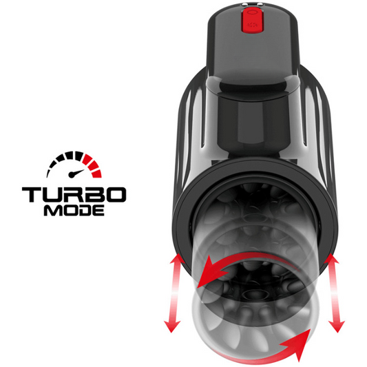 Masturbador masculino automático Vortex en negro con detalles rojos, con 10 modos de empuje, 10 modos de rotación y modo turbo, diseño ergonómico resistente al agua y recargable.