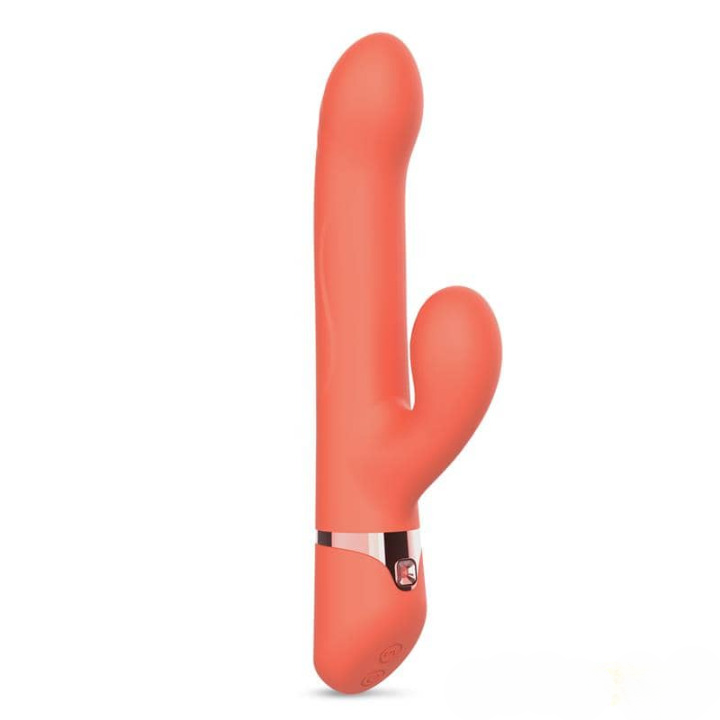 Vibrador Conejito Mindy de color coral, controlado por app, con múltiples funciones y diseño ergonómico.