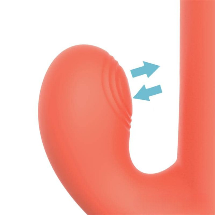 Vibrador Conejito Mindy de color coral, controlado por app, con múltiples funciones y diseño ergonómico.