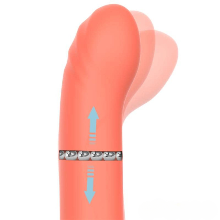 Vibrador Conejito Mindy de color coral, controlado por app, con múltiples funciones y diseño ergonómico.