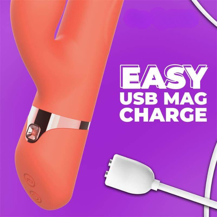 Vibrador Conejito Mindy de color coral, controlado por app, con múltiples funciones y diseño ergonómico.