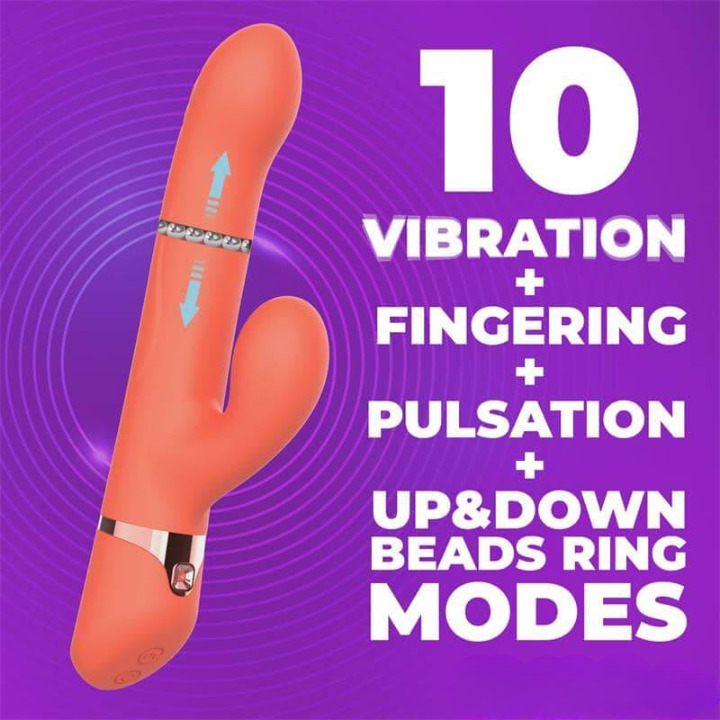Vibrador Conejito Mindy de color coral, controlado por app, con múltiples funciones y diseño ergonómico.