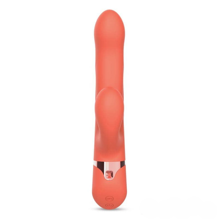 Vibrador Conejito Mindy de color coral, controlado por app, con múltiples funciones y diseño ergonómico.