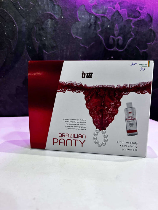 Set de lencería roja de encaje con anillo de perlas íntimas y lubricante sabor fresa, diseñado para aumentar el placer con estimulación directa en la zona íntima y experiencias eróticas sofisticadas.