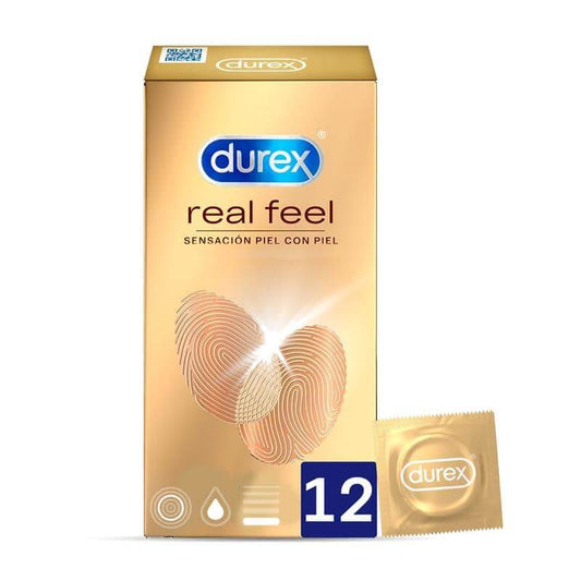Preservativos Durex Real Feel sin látex, anatómicos y lubricados, ideales para pieles sensibles y contacto natural.