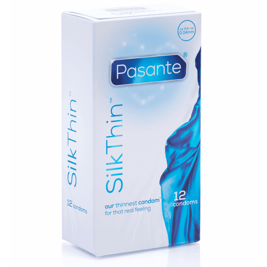 Preservativos ultra finos Pasante Silk Thin™ de 0.04 mm, fabricados en látex sin alcohol ni ingredientes animales, para una sensación natural y segura.
