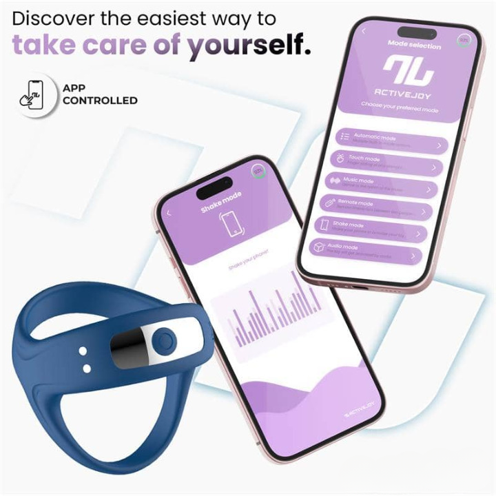 Anillo vibrador de silicona líquida con control mediante app móvil, estimulación simultánea para pene y clítoris y conexión Bluetooth para uso en pareja a distancia.