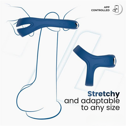 Anillo vibrador de silicona líquida con control mediante app móvil, estimulación simultánea para pene y clítoris y conexión Bluetooth para uso en pareja a distancia.