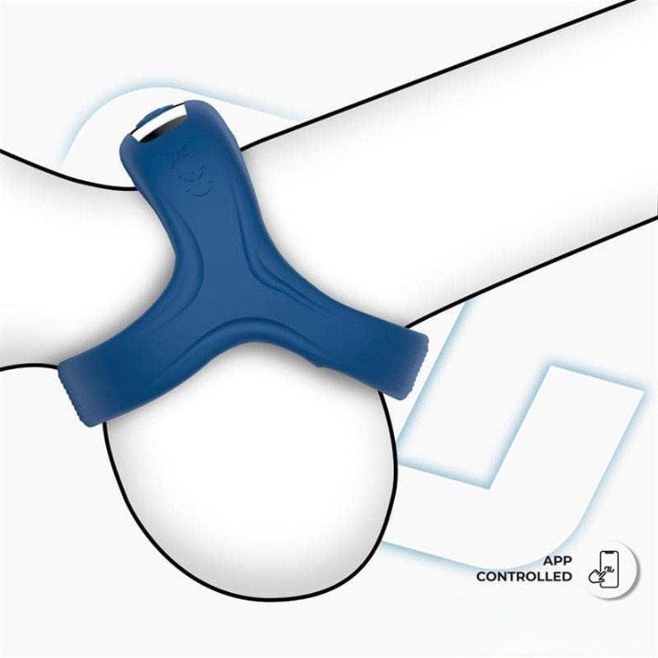 Anillo vibrador de silicona líquida con control mediante app móvil, estimulación simultánea para pene y clítoris y conexión Bluetooth para uso en pareja a distancia.
