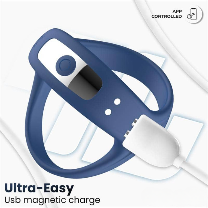 Anillo vibrador de silicona líquida con control mediante app móvil, estimulación simultánea para pene y clítoris y conexión Bluetooth para uso en pareja a distancia.