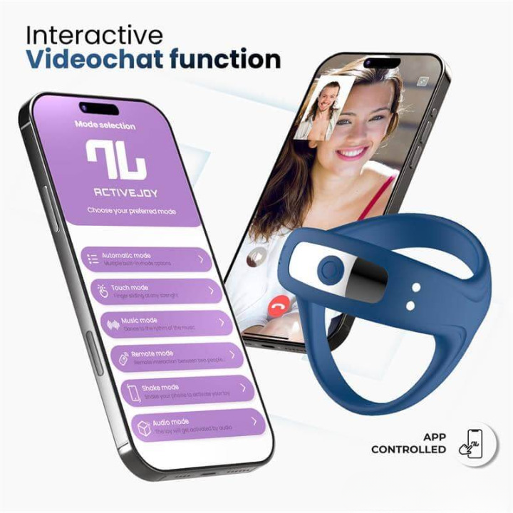 Anillo vibrador de silicona líquida con control mediante app móvil, estimulación simultánea para pene y clítoris y conexión Bluetooth para uso en pareja a distancia.