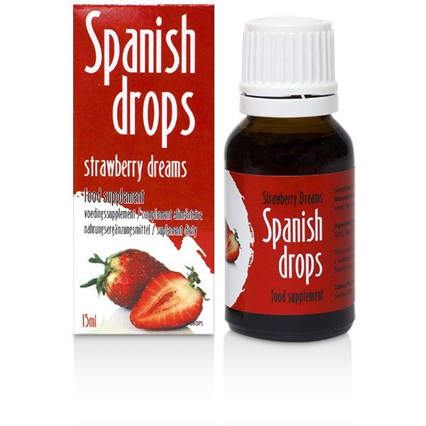 Spanish Fly Gotas Estimulantes packaging, featuring a bottle and box, highlighting strawberry flavor for enhanced romance.