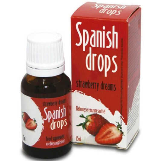 Spanish Fly Gotas Estimulantes in a bottle with a strawberry-themed box, designed to enhance libido and create a romantic ambiance.
