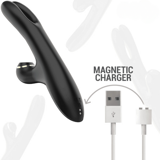 Vibrador succionador doble con función de pinza para estimulación simultánea del clítoris y punto G.