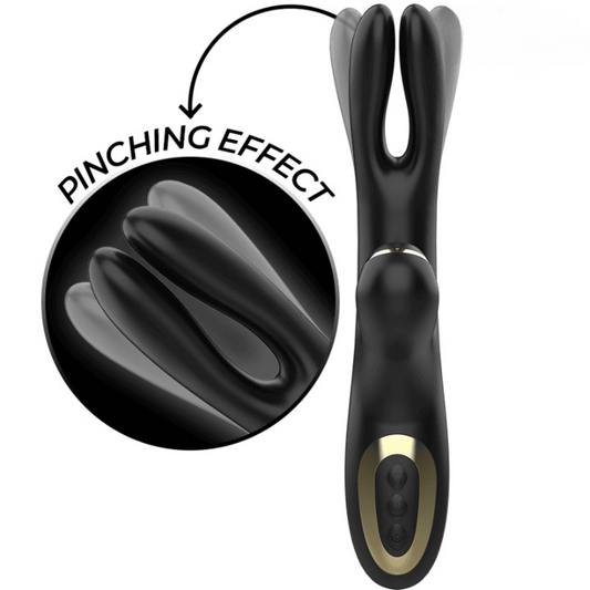 Vibrador succionador doble con función de pinza para estimulación simultánea del clítoris y punto G.