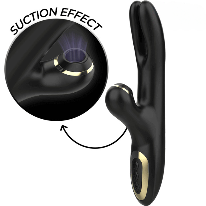 Vibrador succionador doble con función de pinza para estimulación simultánea del clítoris y punto G.