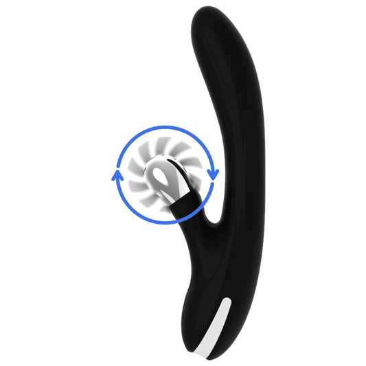 Vibrador con lengua giratoria para doble estimulación del clítoris y punto G, con modos independientes de vibración y movimiento.