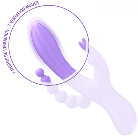 Vibrador triple MIKO, diseñado para ofrecer estimulación simultánea en las zonas vaginal, clitoriana y anal. 