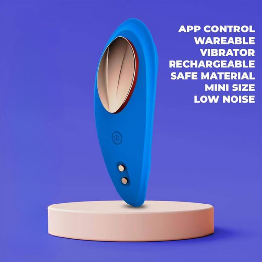 Vibrador portátil compacto azul con control de aplicación, recargable, hecho de material seguro, bajo nivel de ruido, tamaño mini.