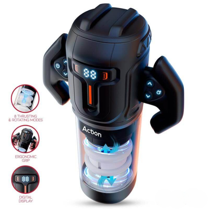 Masturbador masculino automático Zyon con movimiento telescópico up and down, rotación y varios modos de succión, diseño ergonómico con controles laterales.