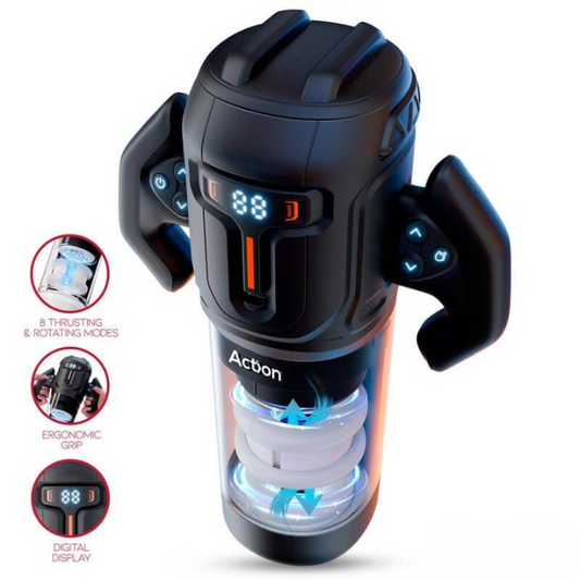 Masturbador masculino automático Zyon con movimiento telescópico up and down, rotación y varios modos de succión, diseño ergonómico con controles laterales.