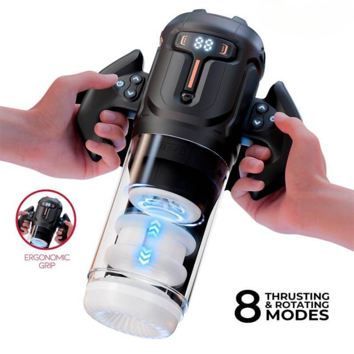 Masturbador masculino automático Zyon con movimiento telescópico up and down, rotación y varios modos de succión, diseño ergonómico con controles laterales.