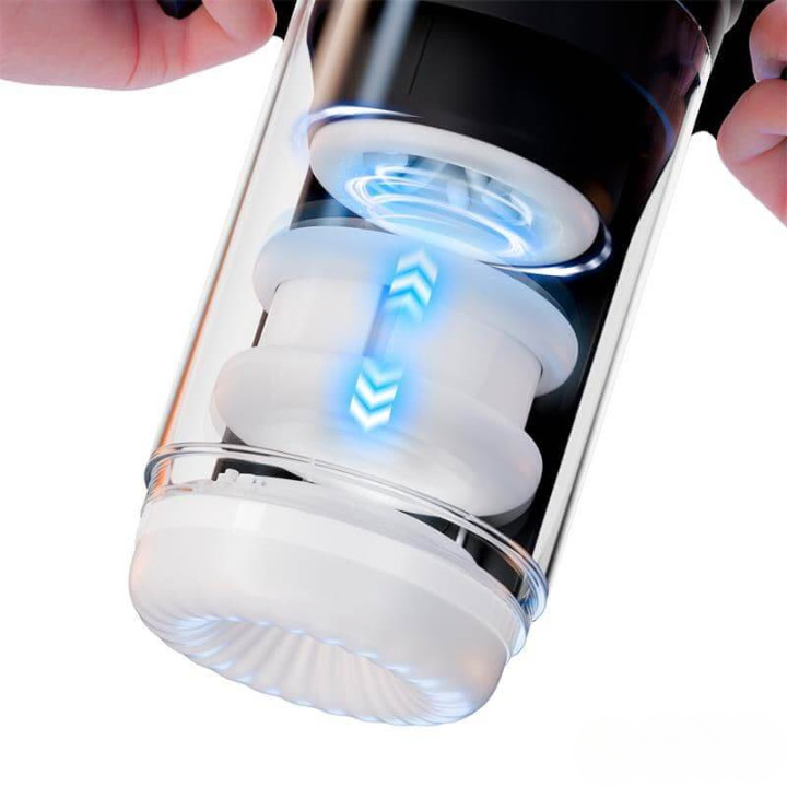 Masturbador masculino automático Zyon con movimiento telescópico up and down, rotación y varios modos de succión, diseño ergonómico con controles laterales.