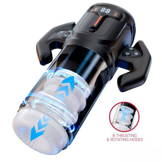 Masturbador masculino automático Zyon con movimiento telescópico up and down, rotación y varios modos de succión, diseño ergonómico con controles laterales.