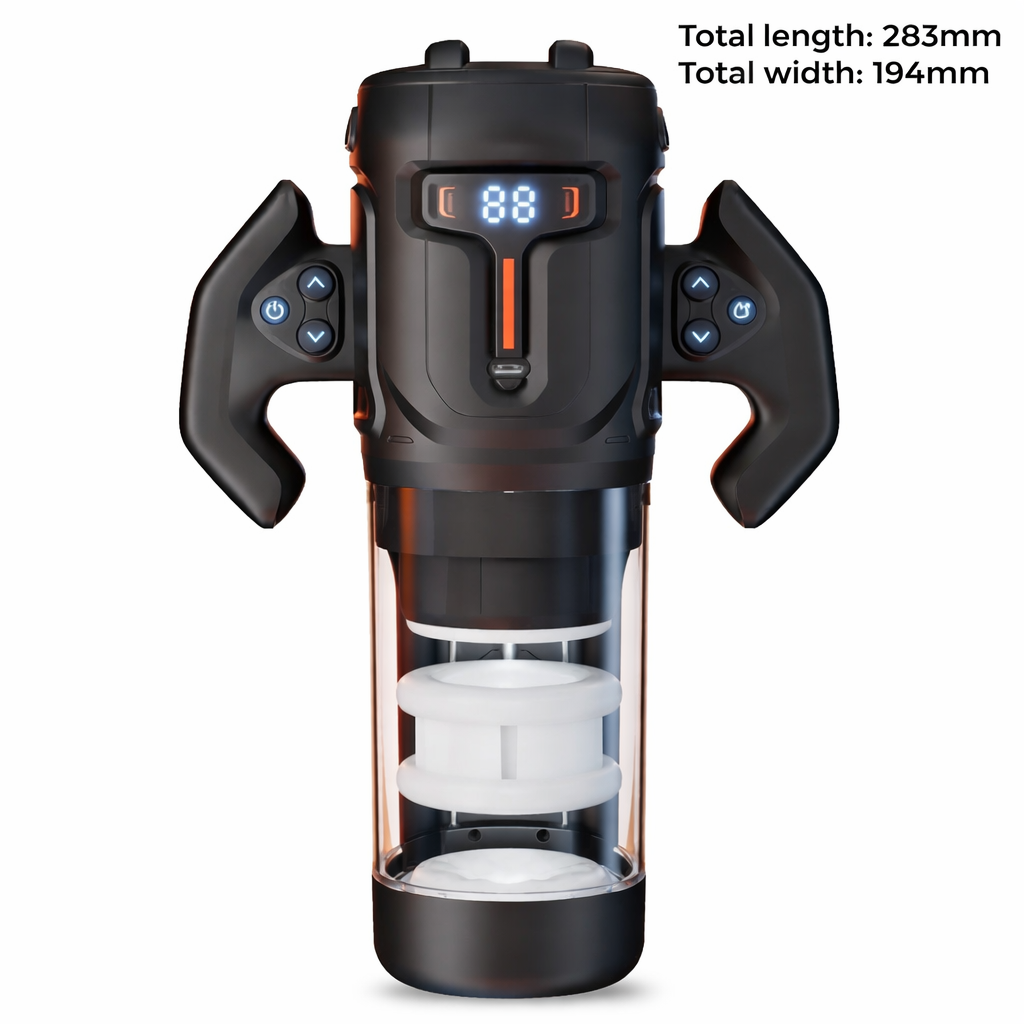 Masturbador masculino automático Zyon con movimiento telescópico up and down, rotación y varios modos de succión, diseño ergonómico con controles laterales.
