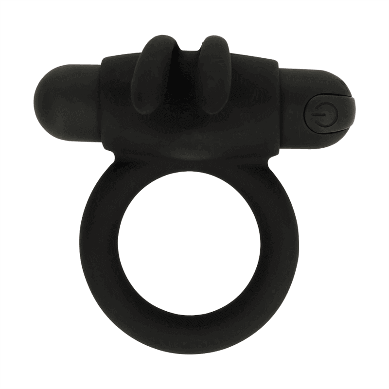 Anillo Vibrador Orus de silicona negra con bala vibradora recargable.