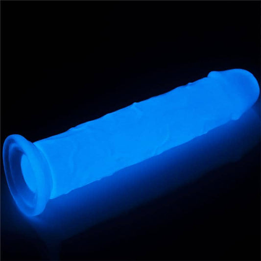 Dildo luminoso realista con ventosa, textura venosa y luz azul. Ideal para estimulación vaginal y anal.