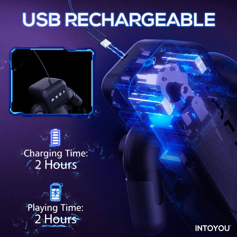 Dispositivo recargable USB que muestra detalles del tiempo de carga y reproducción con un diseño azul brillante.