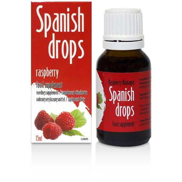 Spanish Fly Gotas Estimulantes raspberry food supplement bottle and packaging for boosting libido and sensuality.