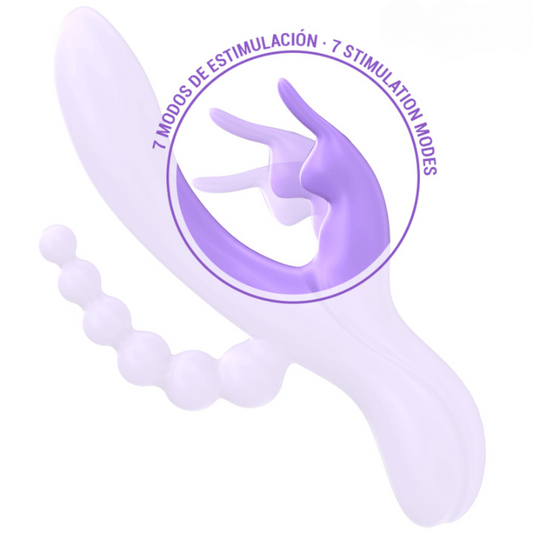 Vibrador triple MIKO, diseñado para ofrecer estimulación simultánea en las zonas vaginal, clitoriana y anal. 