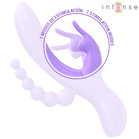 Vibrador triple MIKO, diseñado para ofrecer estimulación simultánea en las zonas vaginal, clitoriana y anal.