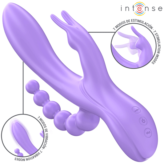 Vibrador triple MIKO, diseñado para ofrecer estimulación simultánea en las zonas vaginal, clitoriana y anal.