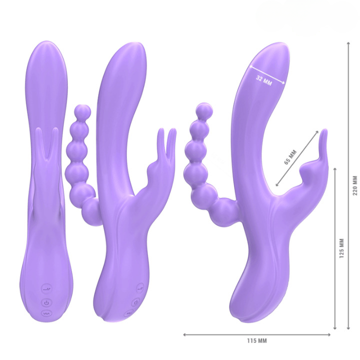 Vibrador triple MIKO, diseñado para ofrecer estimulación simultánea en las zonas vaginal, clitoriana y anal. 