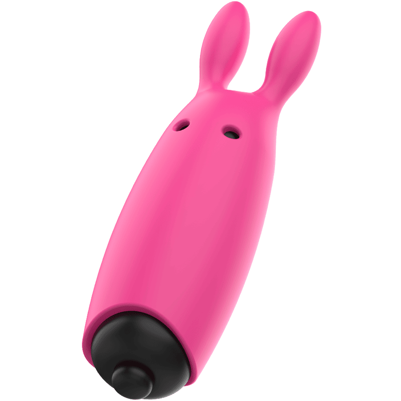 Mini vibrador compacto con orejas para estimulación clitoriana, color rosa, pilas incluidas.