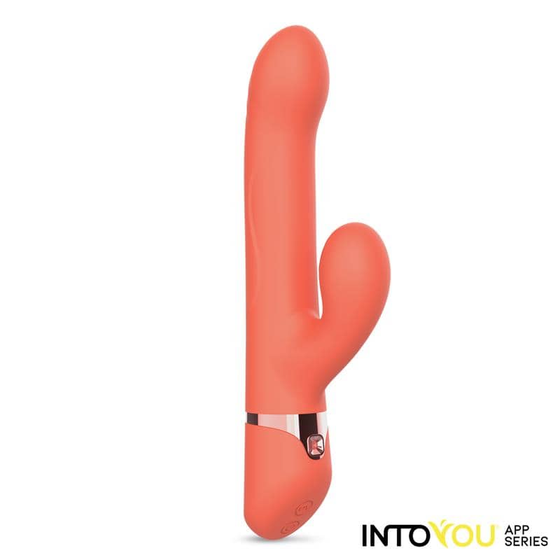 Vibrador Conejito Mindy de color coral, controlado por app, con múltiples funciones y diseño ergonómico.